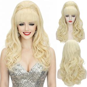 Wiggy Mermaid Blonde Beehive Wig 70s 80s Long Curly Big Hair Women Vintage Bouffant Updo Fembot Wig for Halloween Party Country Singer Costume + Cap