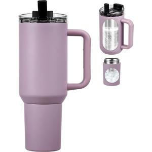 40oz Insulated Tumbler with 2-in-1 Lid and Straw, Bottom Detachable 2-in-1 Tumbler with Handle Stainless Steel Water Bottle Reusable Coffee Tumbler Travel Mug Wide Mouth Thermal Cup (Purple)