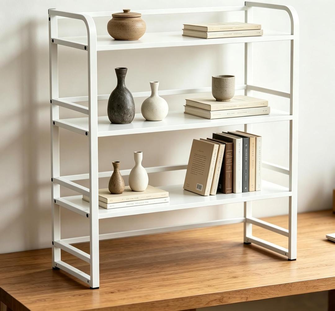 Office Desk Shelf Organizer, Wood Desktop Bookshelf Supplies Storage Rack, Shelf for Top of Desk and Dresser and Cubicle Decor Aesthetic Bookshelf (White White, Three Tier, 19.69Lx7.87Wx22.05H)