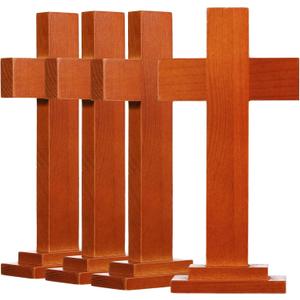 Bucherry 4 Pack 7.87 Inch Wood Crosses with Stand, Wooden Crosses Easter Cross Tabletop Decor Religious Christian Gift Baptism Centerpiece for Table Craft Wedding Church Sunday First Communion (Brown)