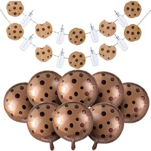10 Pcs 21 Inch Cookie Balloons Cookies Milk Birthday Party Decorations Include 8 Foil Chocolate Chip Biscuit Inflatables Decor and 2 Banners for Birthday Party Supplies Baby Shower