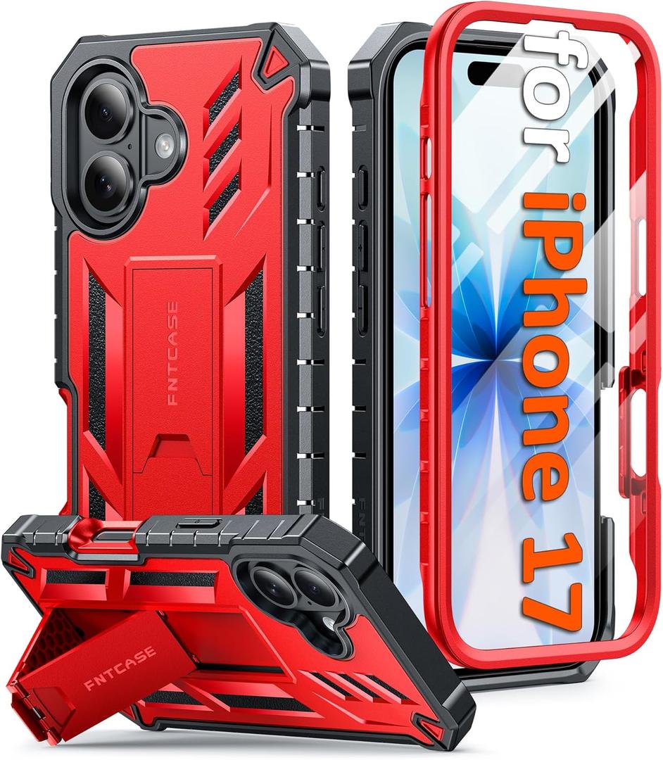FNTCASE for iPhone 17 Phone Case: Military Grade Drop Proof Protection Mobile Cover with Kickstand | Matte Textured Rugged Shockproof TPU | Protective Sturdy Phone Case - 6.3 inch Red