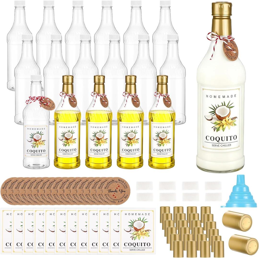 Baderke 24 Set Plastic Coquito Bottles 32 oz Plastic Clear Bottles with Caps and Tags for Home Brewing Wedding Party Favors(Gold)