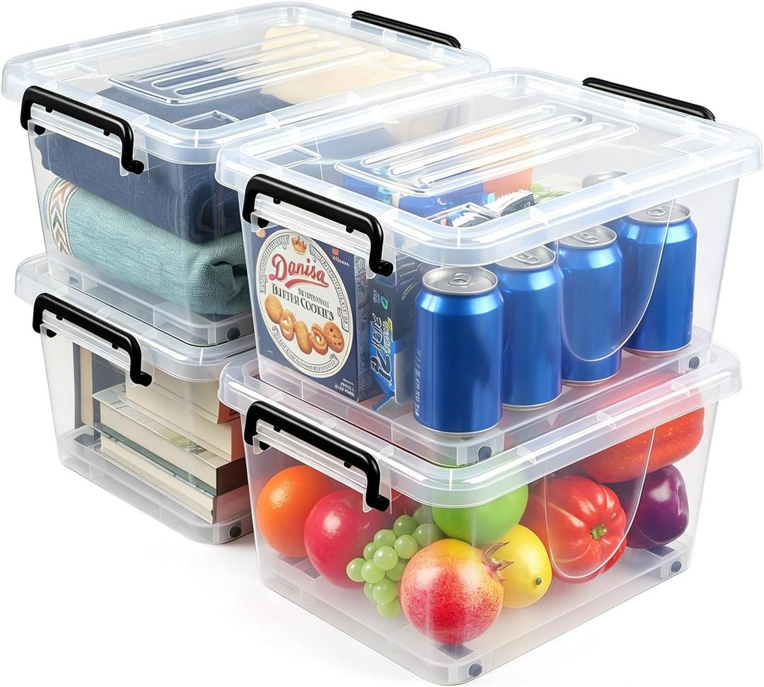 13L Storage Bins with Lids, 4 Pack Clear Storage Containers with Lids, Stackable Storage Boxes with Wheels, Organizer Bins for Closet,Shelves,Crafts and Office