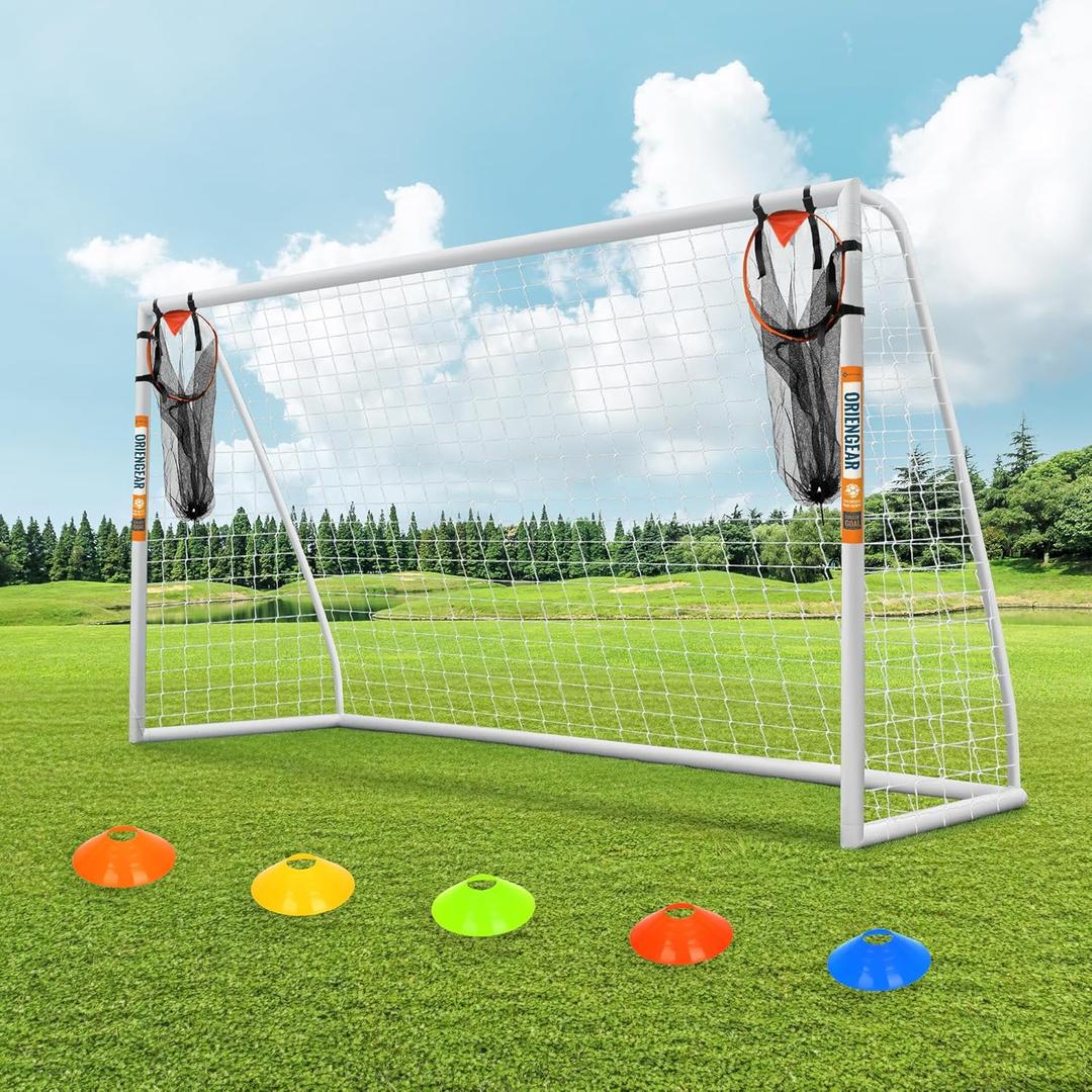 ORIENGEAR Soccer Goal, 12x6/10x6.5/8x6/6x4 Full Size Soccer Goals for Backyard, Soccer Net with Training Discs, Portable Soccer Goal for Kids and Adults with 1 Carry Bag, Porterias De Futbol