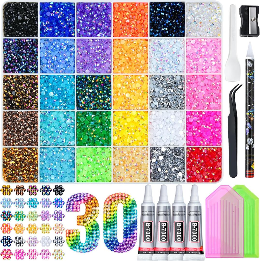 40000 Pcs Resin Jelly Rhinestones Kit, 30 Colors 3mm Flatback Rhinestones with 4 Pcs B7000 Jewelry Glue & Tools, All-in-One Bedazzling Kit for DIY Arts & Crafts Mothers Day Gifts