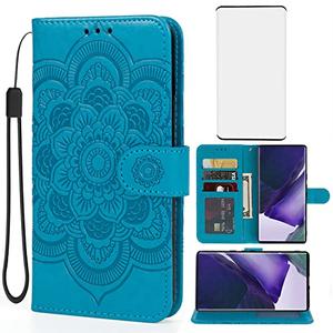 Bohefo Case for Galaxy S22 Ultra/Samsung S22 Ultra SM-S908U Wallet Case with Tempered Glass Screen Protector, Leather Flip Credit Card Holder Stand Phone Cover for Samsung Galaxy S22 Ultra 5G Blue
