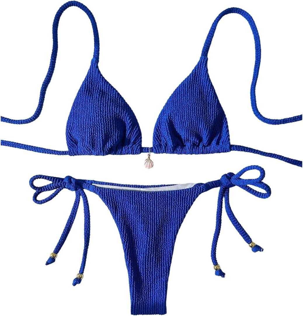 SHENHE Women's Sexy Brazilian Thong Bikini Set Halter Triangle Side Tie String 2 Piece Swimsuits (Blue, Small)