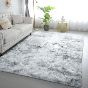 KICHOWUA 6x9 Light Grey Fluffy Shag Area Rug for Bedroom, Soft Plush Fuzzy Washable Non Slip Carpet for Living Room, Modern Comfy Furry Shaggy Large Rug for Kids Baby Boys Nursery Dorm, Tie-Dye Gray