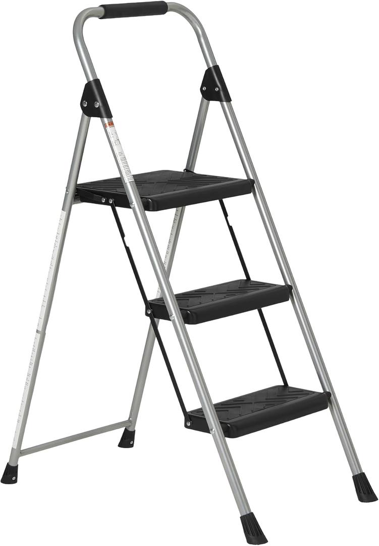 Amazon Basics Folding 3 Step Portable Ladder with Wide Anti-Slip Pedal, Black