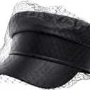 Beret Hats for Women PU Leather Newsboy Fiddler Cap with Veil Casual Baker Boy Captain Hat (Medium-Large)