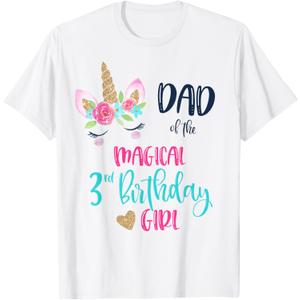 Unicorn Dad of the 3rd Birthday Girl Shirt Matching Papa T-Shirt, Male Large
