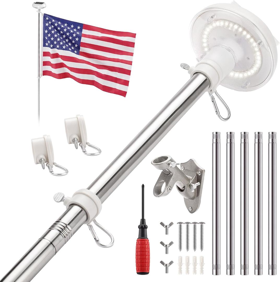 6ft Flag Pole Kit for Outside House with Solar Light, 3x5ft American Flag with Pole, 1" Dia. Stainless Steel Flagpole, Wall Mount Adjustable Flag Holder for Porch, Outdoor, Silver, 36 LED