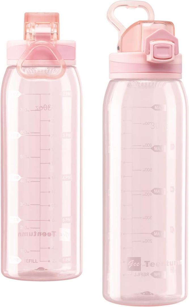 Water Bottle BPA Free Tritan with Time Markers, 30oz Large Durable Gym Plastic Bottle for Fitness, Outdoor Enthusiasts, Leakproof Clear Pink (Pack of 1)