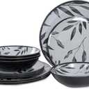 12pcs Melamine Dinnerware Set - Service for 4 Melamine Plates and Bowls Set, Unbreakable Dinner Salad Dessert Plate, Cereal Bowl Set for Indoor/Outdoor, Gray Leaf (Grey Leaves)