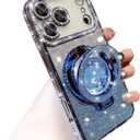 Glitter Kickstand Case for iPhone 17 Pro Max,Cute Bling Sparkly Diamond Rhinestones with Camera Lens Protector Liquid Flowing Ring Stand TPU Bumper Women Girls Case for iPhone 17 Pro Max,Blue