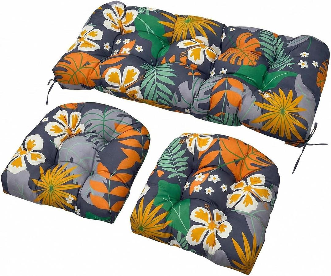 Wicker Chair Cushions Set, 2 U-Shaped Cushions & 1 Loveseat, Waterproof Outdoor Loveseat Cushion for Patio Furniture, Settee Bench Pad All Weather,Flower