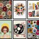 KKP 6Pcs Colorful Girl Bedroom Wall Art, Chic Eclectic Posters Prints, Boho Sun Face ＆ Record Player and Books Pictures Wall Decor for Teen Girls Apartment Dorm 12x16 Inch Unframed