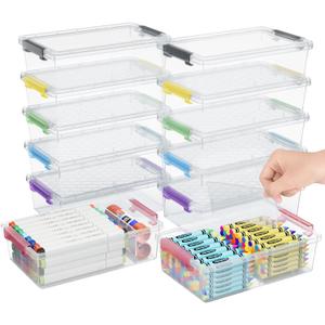 12 Pack Extra Large Pencil Box with Removable Divider, Thickened Pencil Case Bulk, Clear Crayon Marker Organizer Stackable Plastic Small Storage Containers for Pen Craft School Supplies, Multi