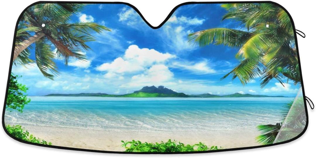 Summer Tropical Palm Trees Beach Car Windshield Sun Shade Forest Sky Sunshade Blocks UV Rays Protector Keep Your Vehicle Cool Sun Shield Visor Cover Foldable for Car Truck SUV L (57 inch * 31.5 inch)