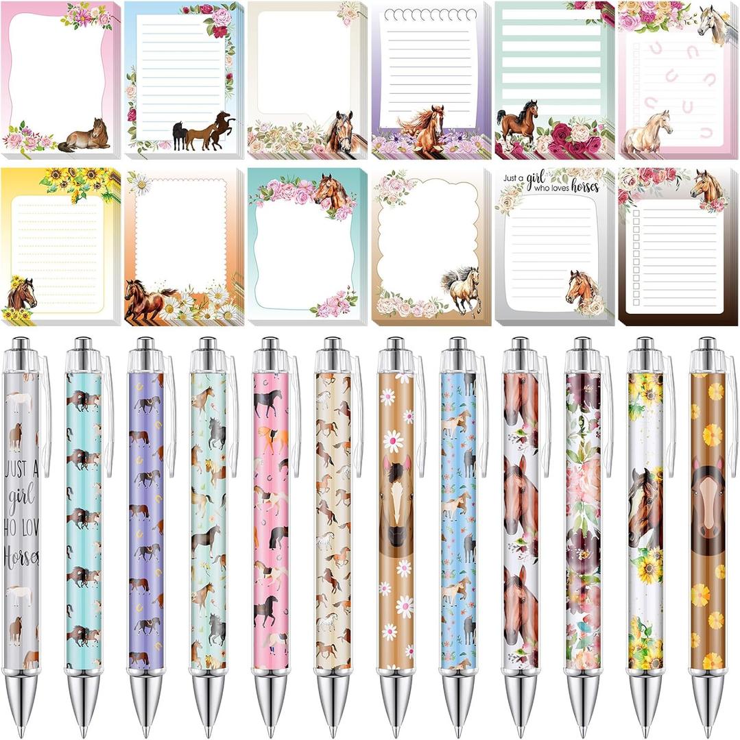 24 Pcs Horse Sticky Notes with Pens Themed Party Favors Gifts Cute Notepad Memo Notes Pads Black Ink Ballpoint Pen for Horse Lover Christmas Gifts Office School Students Teacher Supplies