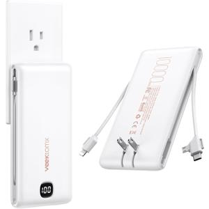 VEEKTOMX Portable Charger with Built-in Cables and AC Wall Plug, 10000mAh