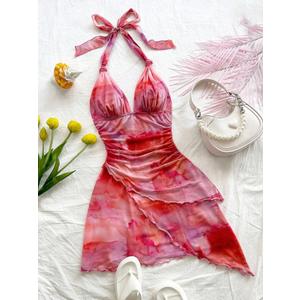 BEAUDRM Women's Floral Print Sleeveless Halter Deep V Tie Mini Dress Ruched Backless Slim Fit Cami Dresses Knot Boho Dress Pink TieDye Medium