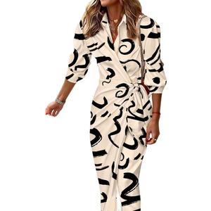 CHICME Women's Long Sleeve Midi Dress Casual Wrap Tied Detail Shirt Dresses Floral Print Fall Long Dress (X-Large, B-apricot)