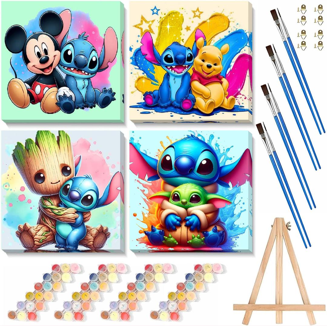 Fuinkqe 4 Ps Paint by Numbers for Kids with Framed Canvas,Cartoon Paint by Numbers for Kids Ages 8-12 with Wooden Easel,Easy Acrylic Painting Kits for Home Wall Decor 8X8 Inch