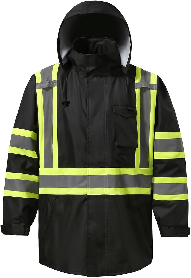Reflective Rain jackets for men waterproof,Hi Vis Safety Coat With Reflective StripsHigh Visibility Class 3 Rain jackets With 2 large pocketsZipper,Black SM/MD (Medium)