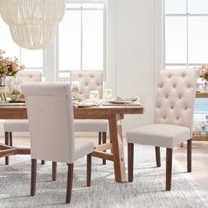 COLAMY Tufted Dining Room Chairs Set of 4, Accent Parsons Diner Upholstered Fabric Side Stylish Kitchen Chair with Solid Wood Legs and Padded Seat - Beige