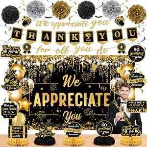 We Appreciate You Party Decorations Black Gold Thank You for All You Do Banner Honeycomb Centerpieces Hanging Swirls for Office Employee Staff Appreciation Gift Pastor Teacher Party Veterans Day Decor