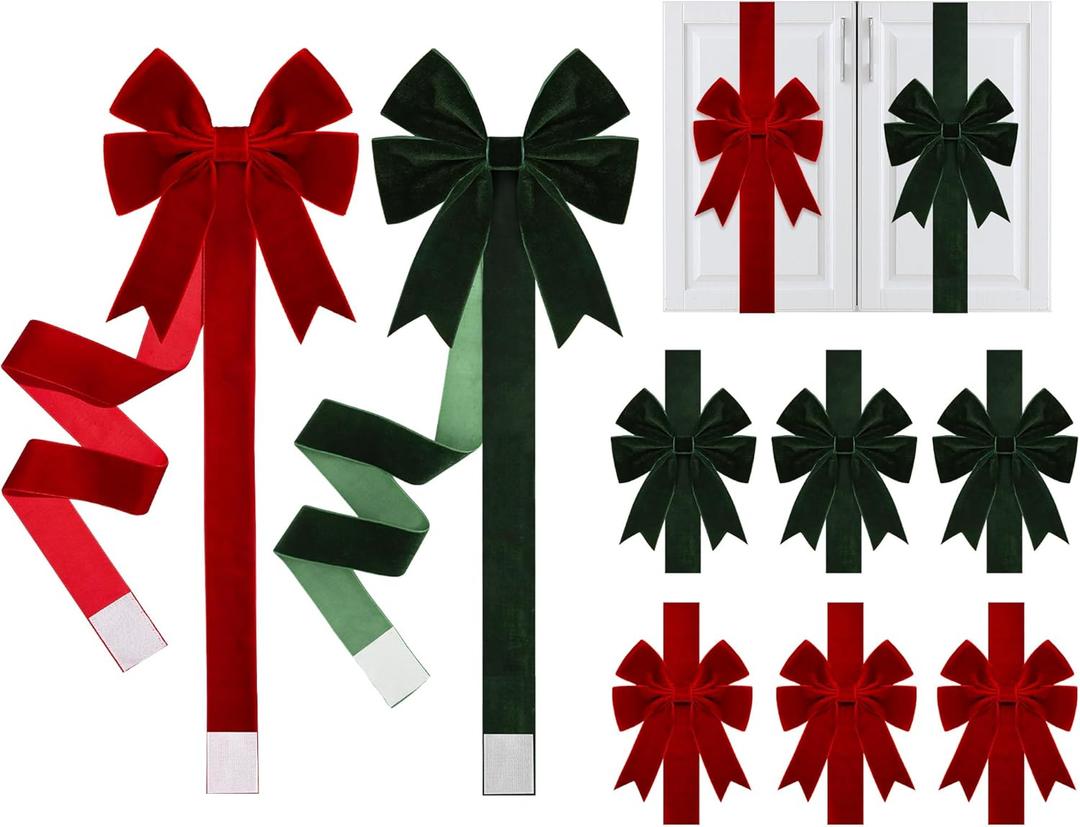 8 Pcs Christmas Velvet Cabinet Door Bows and Ribbons Large Red Green Velvet Bows for Christmas Cabinet Door Xmas Bows and Ribbon for Kitchen Furniture Winter Holiday Home Party Decoration Gifts