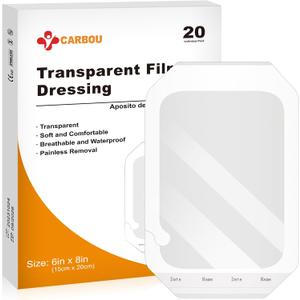Carbou Transparent Film Dressing,6" x 8" Pack of 20 Waterproof Wound Bandage Adhesive Patches,Post Surgical Shower or IV Shield,Tattoo Aftercare Bandage