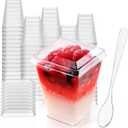 JOLLY CHEF 100 Pack 5 oz Plastic Dessert Cups with Lids and Spoons, Clear Appetizer Cups for Parties, Disposable Square Dessert Shooter for Pudding Fruit Ice Cream