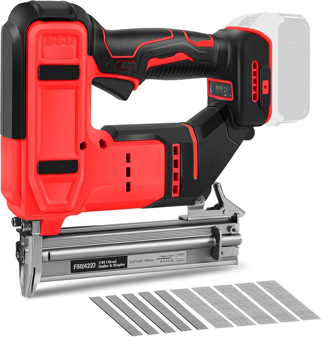 18 Gauge 2 in 1 Brad Nailer/Narrow Crown Stapler for Milwaukee M18 Battery, Brushless Cordless Nail Gun with 1000 Nails & Staples, Brad Nailer for Woodworking and Upholstery (No Battery)