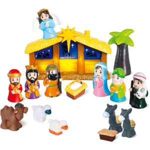 Lighted Nativity Set, 17 PCS Kids Little Nativity Playset, Children Toy Nativity Figures Include Manger Baby Jesus Three Kinds Small Animals for Toddler Children Kids, Xmas Decoration