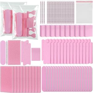 50 Sets Disposable Pedicure Kit Individually Package 5 in 1 Pedicure Tools Pumice Stone Nail File 80/100 Grit Mini Buffer Toe Separator Cuticle Pusher Clear Bag for Salon Home(Pink)
