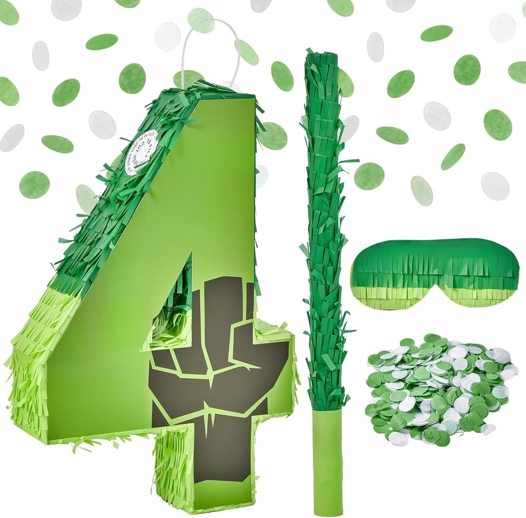Number 4 Pinata 16 INCH Super Green Hero for Boys & Girls  Birthday Decorations with Piata Stick, Blindfold & Confetti Fillable Party Supplies (hlk-4th)