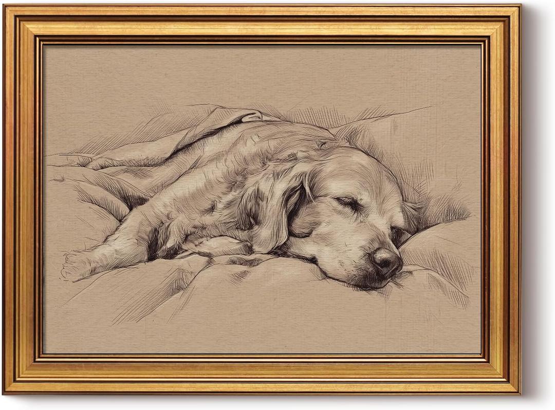 InSimSea Gold Framed Canvas Prints Wall Art, Vintage Dog Decor, Sketch Dog Sleep Paintings Farmhouse Wall Decor Aesthetic, Antique Minimalist Pictures for Bedroom Living Room Shelf, 12x16inch