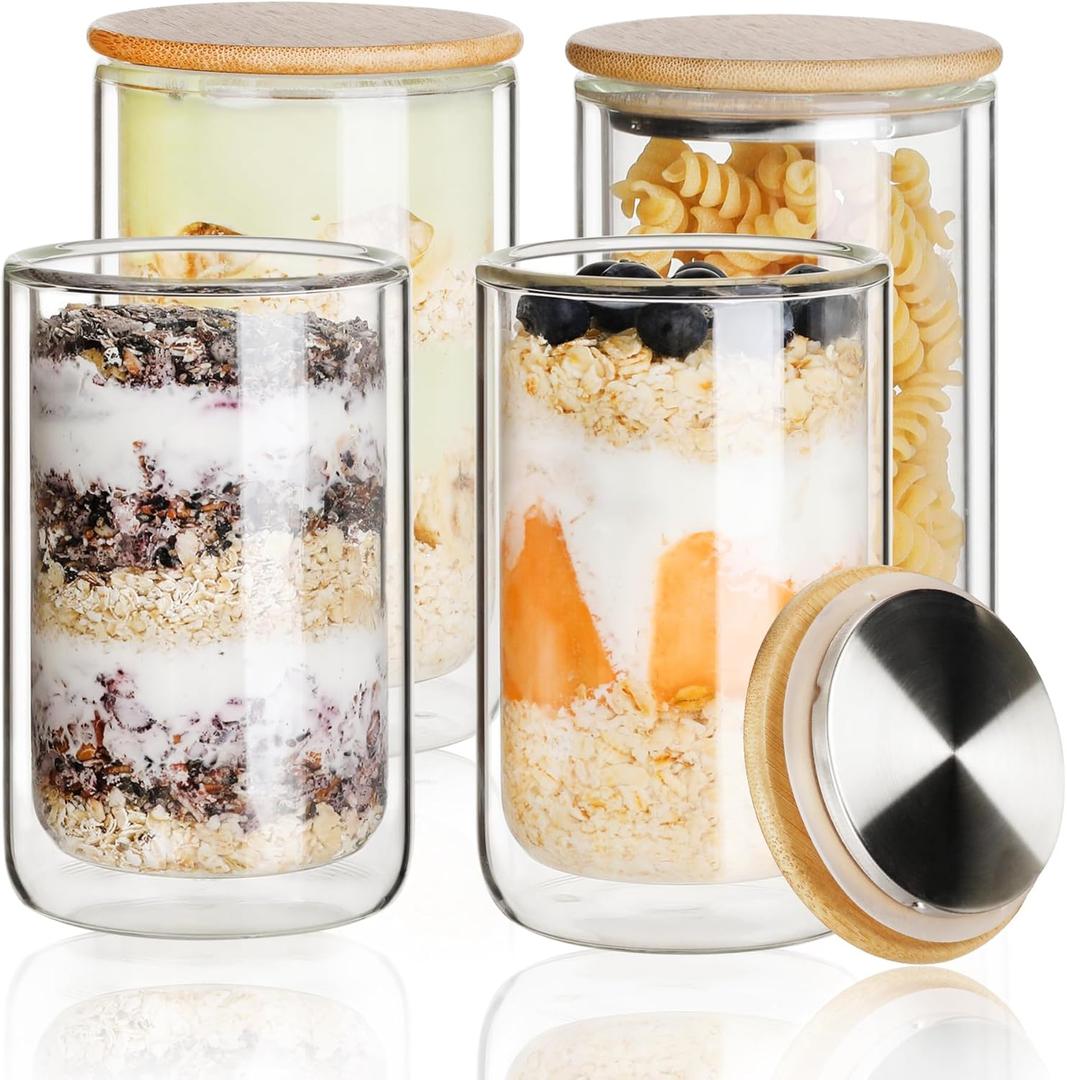 LIBWYS 4 Pack Overnight Oats Containers with Bamboo & Stainless Steel Lids, 15oz Meal Prep Jars - Double Walled High Borosilicate Glass jars for Overnight Oats, Chia Pudding Salad