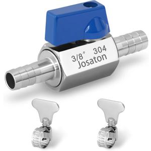 3/8" Barb Ball Valve,Josaton 304 Stainless Steel Mini Shut Off Valve for Water Gas Fuel Drip Irrigation and Aquariums,1PCS with Clamps Kit
