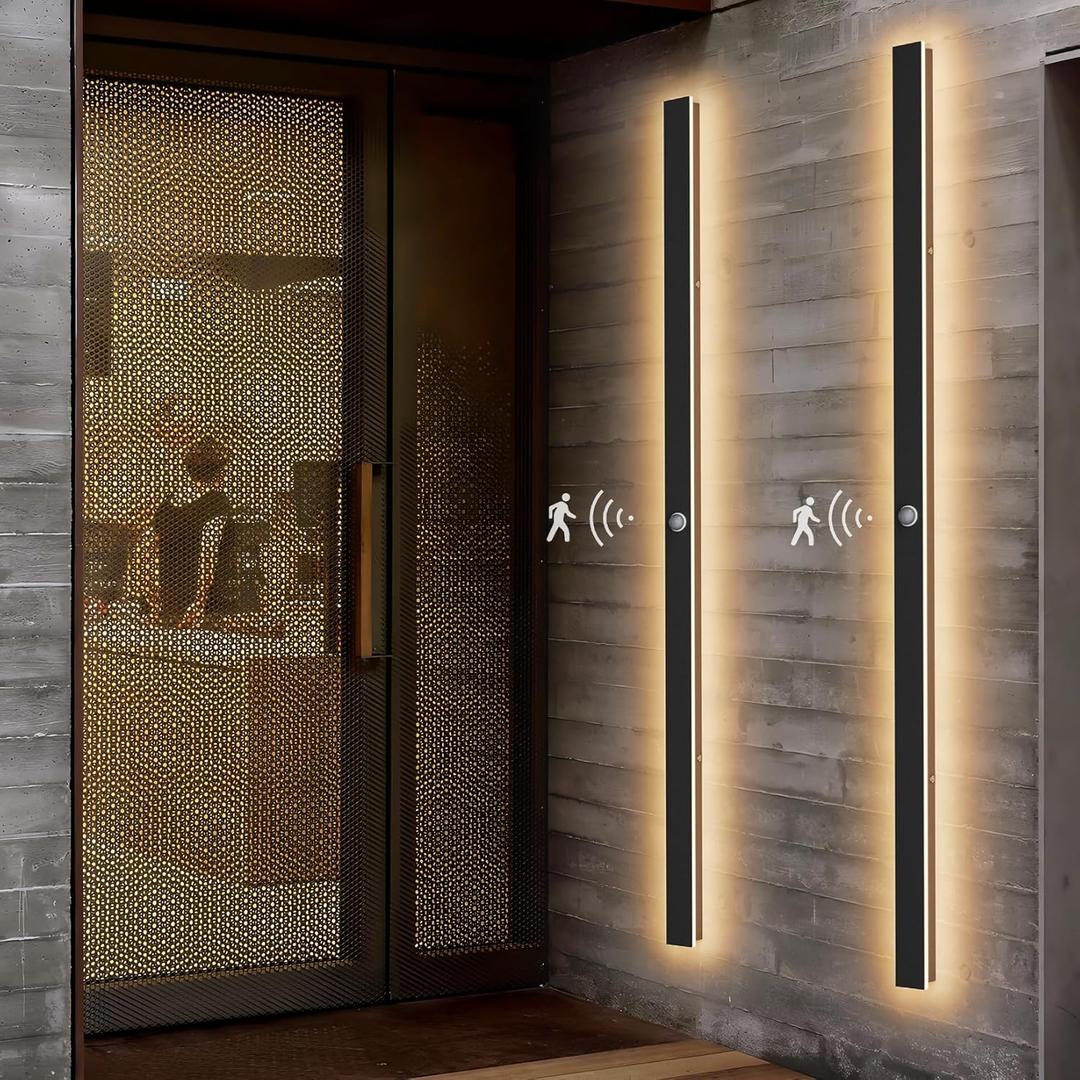 2 Pack 56.3inch Motion Sensor Long Outdoor Wall Lights 45W Black 3000K Warm White Motion Porch Lights IP65 Waterproof Exterior Wall Light Fixtures for Garage Patio Porch