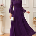 MISSMAY Women's Formal Lace Chiffon Bell Sleeve Wedding Party Long Dress. Purple, Size S
