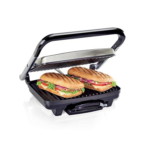 Hamilton Beach Panini Press, Sandwich Maker & Electric Indoor Grill, Upright Storage, PFAS-Free Nonstick Easy Clean Grids, Stainless Steel (25410)