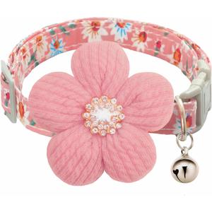 Small Dog Collar with Flower, Spring Dog Collar for Girl Dog Collars for Small Dogs Cute Dog Collar with Bell, Adjustable Length (Pink)