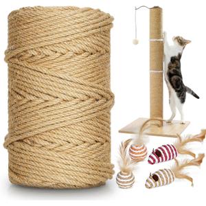262 ft/80 m Sisal Rope for Cat Scratcher, 1/4 inch/ 6 mm Thick Twine for Cat Scratching Post Cat Tree Replacements DIY Craft Projects, Jute Hemp Rope with 4 Random Colors Cat Toys