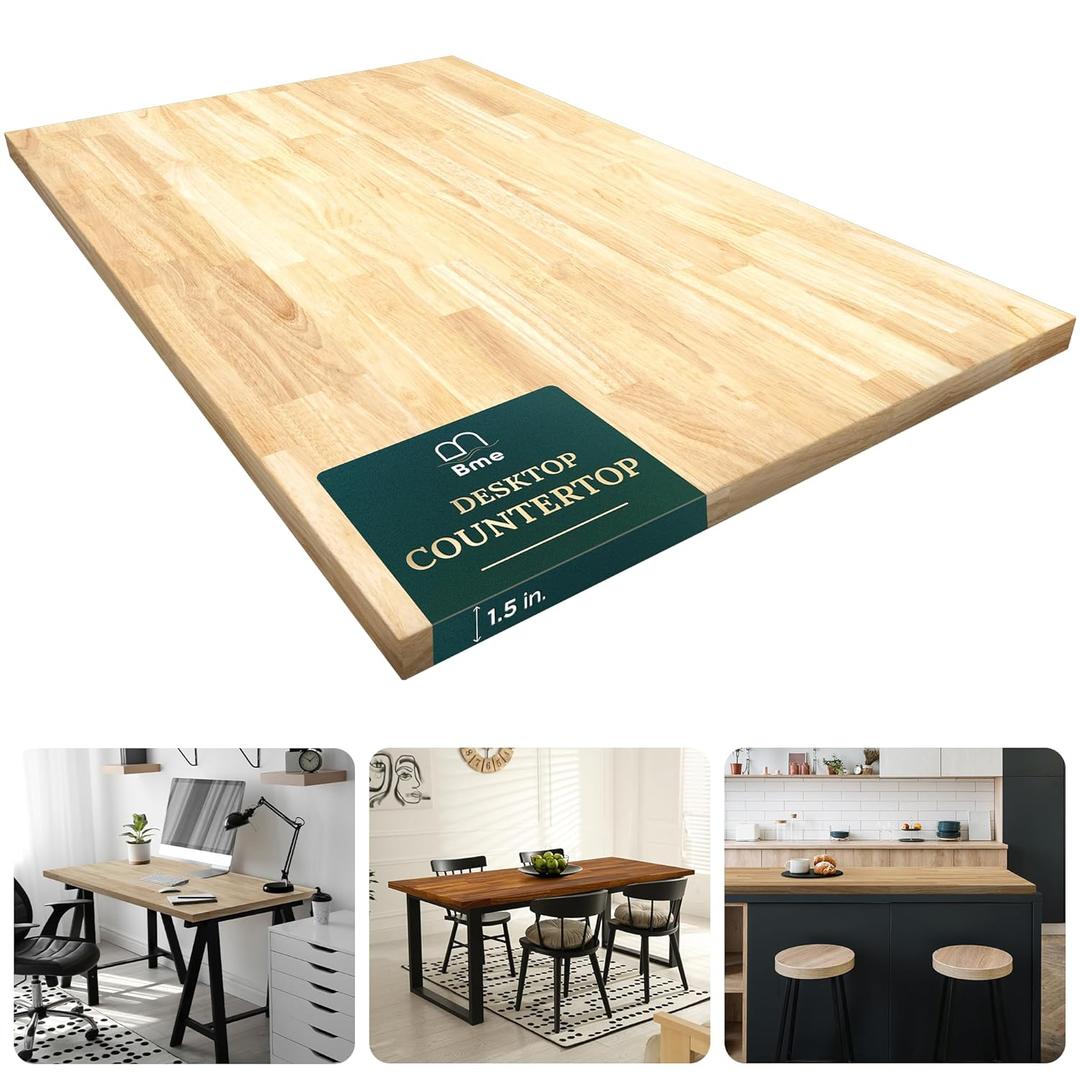 Bme Hevea Solid Wood Butcher Block Table Top - Unfinished Desk or Countertop Surface - Suitable for DIY Desktop or Kitchen Countertop Projects - 60" L x 30" W x 1.5" Th