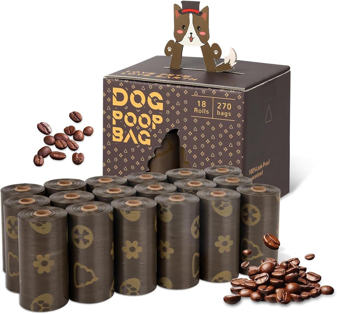 DBFAIRY Dog Poop Bags, 270 Count Pet Waste Bags Strong Thick, Leak Proof and Portable Poop Bags Refill Rolls for Dogs and Cats, 18 Rolls Coffee Scented Waste Bags