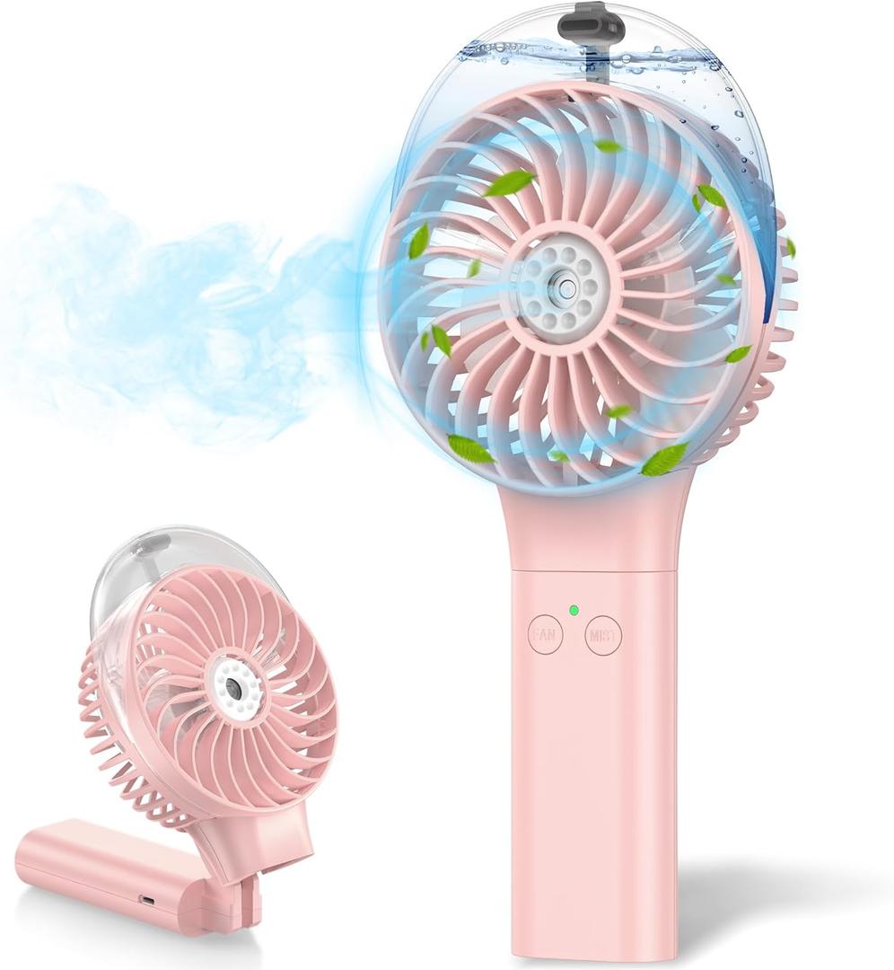 MORECORE Portable Misting Fan, 180 Foldable Handheld Personal Fan with Mist Spray, 3 Adjustable Wind Speeds, USB Rechargeable for Travel Outdoors Makeup Camping Home Office (Pink)